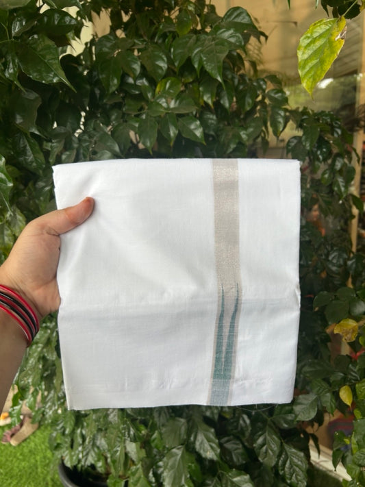 20% Discount ! Kaitharikada Balaramapuram 100% Cotton Pure White Double Mundu/Dothi - 100x80 - 1 inch Puliyilakkara Silver Kasav & Green Chutty Kara  3.90 mtr (8 muzham) - 95 KK5285  VAS