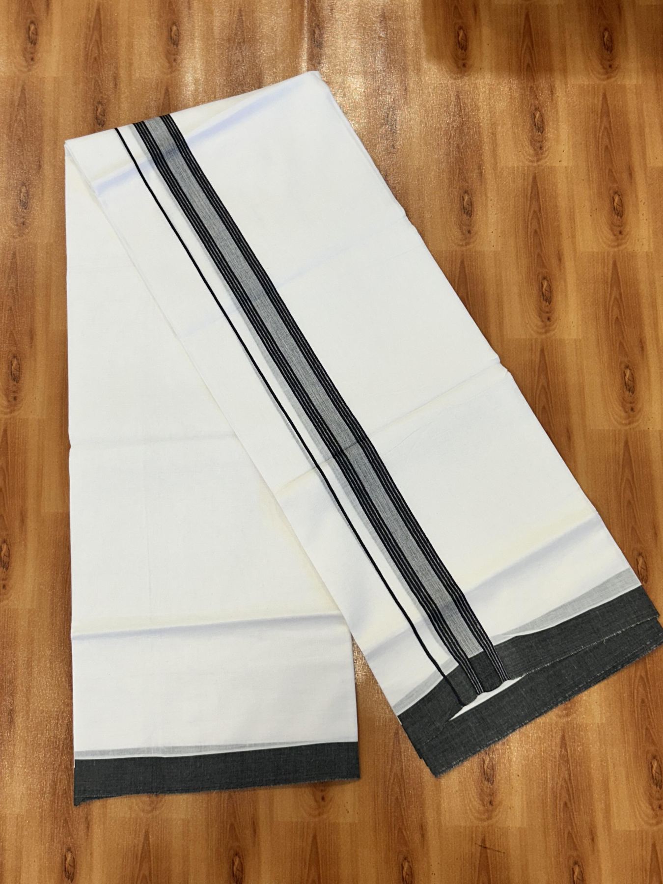 Double Pure White Mundu/Dhoti -20% Discount !! KaithariKada Balaramapuram 100% Cotton - 60s - 1.25 Inch Black Shaded Striped Kara - 3.85 mtr ( 8 muzham) - 3 KK5423 PMC