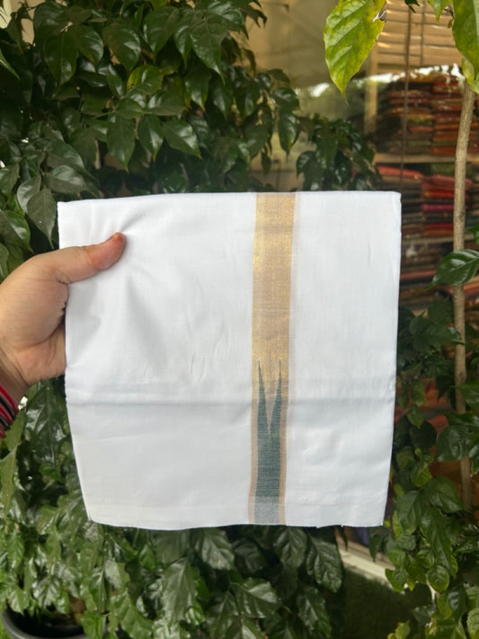 20% Discount ! Kaitharikada Balaramapuram 100% Cotton Pure White Double Mundu/Dothi - 100x80 - 1 inch Puliyilakkara Gold Kasav & Peacock Blue Chutty Kara  3.90 mtr (8 muzham) - 94 KK5285  VAS