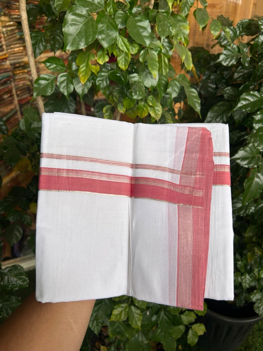 20% Discount ! Kaitharikada Balaramapuram 100% Cotton Pure White Double Mundu/Dothi - 100x80 - 1.25 inch Peach Pink & Silver Kasav Striped Kara 3.90 mtr (8 muzham) - 51 KK5285 VAS
