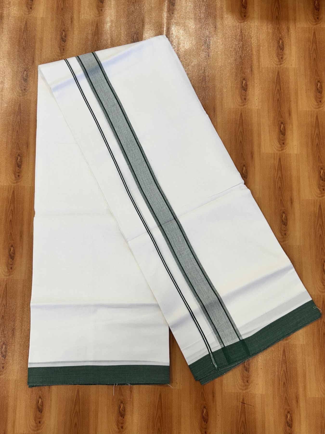 Double Pure White Mundu/Dhoti - 20% Discount !! KaithariKada Balaramapuram 100% Cotton - 60s - 1.5 Inch Dark Green Shaded Striped Kara - 3.85 mtr ( 8 muzham) - 4 KK5425 PMC