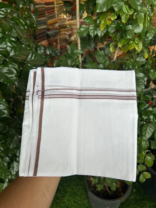 20% Discount ! Kaitharikada Balaramapuram 100% Cotton Pure White Double Mundu/Dothi - 100x80 - 0.25 inch Silver Kasav & Brown Striped Design Kara 3.90 mtr (8 muzham) - 72 KK5285 VAS