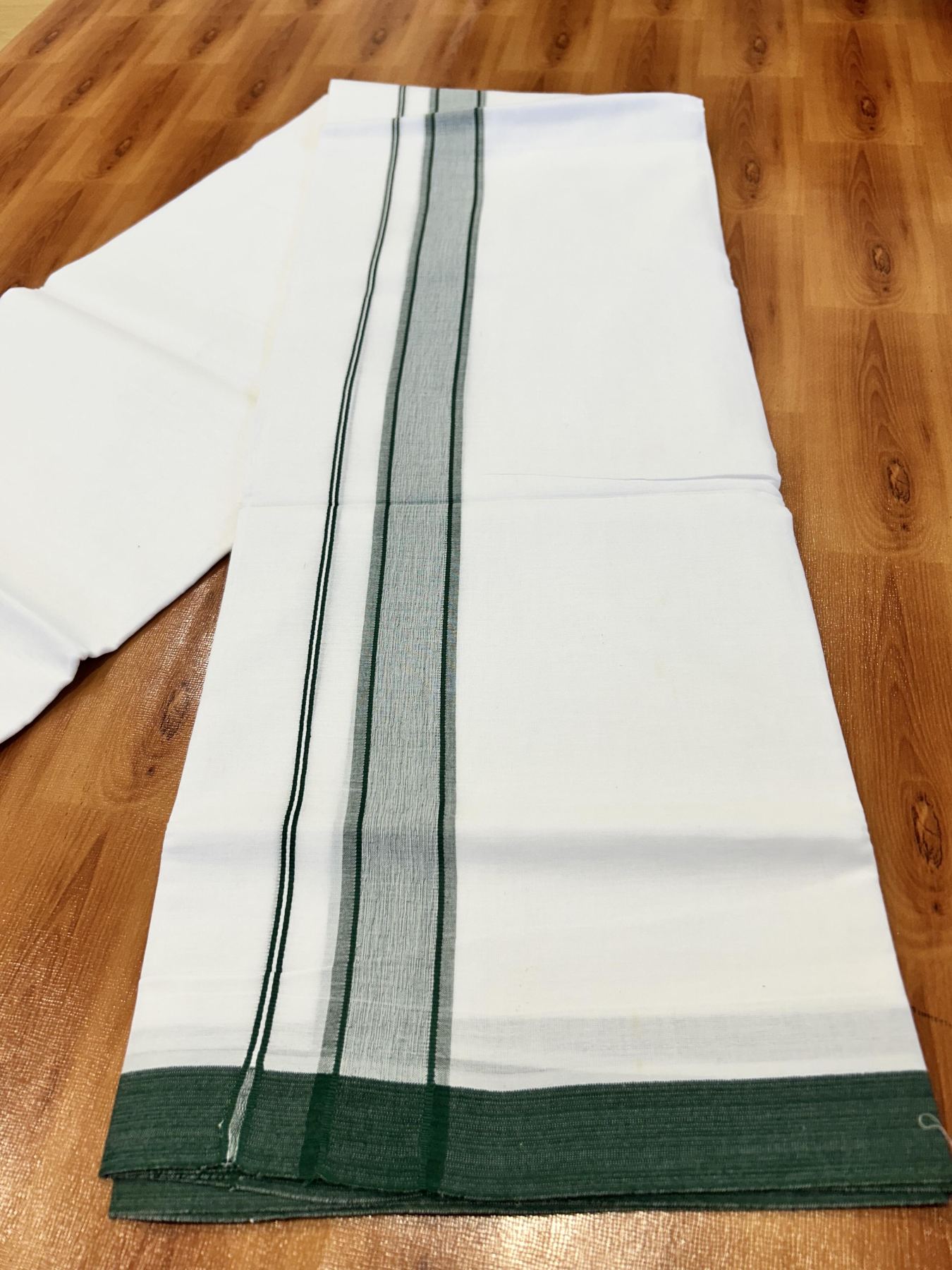 Double Pure White Mundu/Dhoti - 20% Discount !! KaithariKada Balaramapuram 100% Cotton - 60s - 1.5 Inch Dark Green Shaded Striped Kara - 3.85 mtr ( 8 muzham) - 4 KK5425 PMC