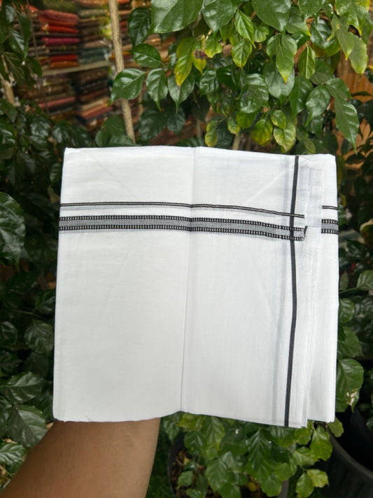 20% Discount ! Kaitharikada Balaramapuram 100% Cotton Pure White Double Mundu/Dothi - 100x80 - 0.25 inch Silver Kasav & Black Striped Design Kara 3.90 mtr (8 muzham) - 75 KK5285 VAS
