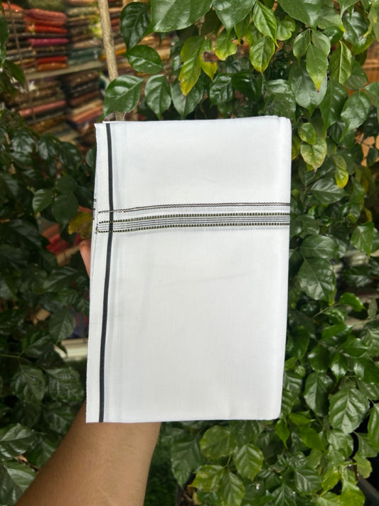 20% Discount ! Kaitharikada Balaramapuram 100% Cotton Pure White Double Mundu/Dothi - 100x80 - 0.25 inch Silver Kasav Black & Light Olive Striped Design Kara 3.90 mtr (8 muzham) - 74 KK5285 VAS