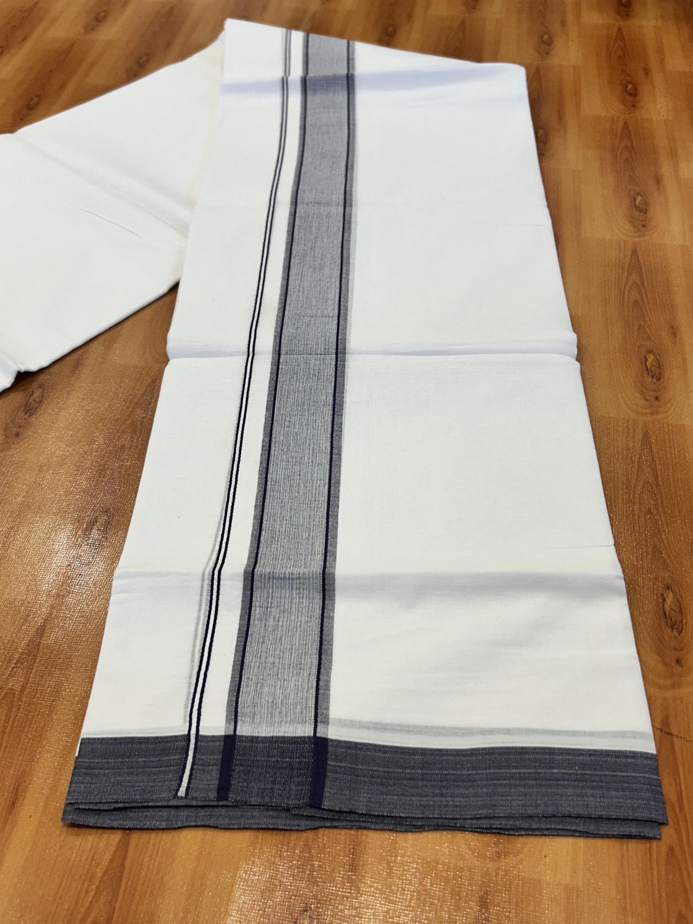 Double Pure White Mundu/Dhoti - 20% Discount !! KaithariKada Balaramapuram 100% Cotton - 60s - 1.5 Inch Navy Blue Shaded Striped Kara - 3.85 mtr ( 8 muzham) - 5 KK5425 PMC