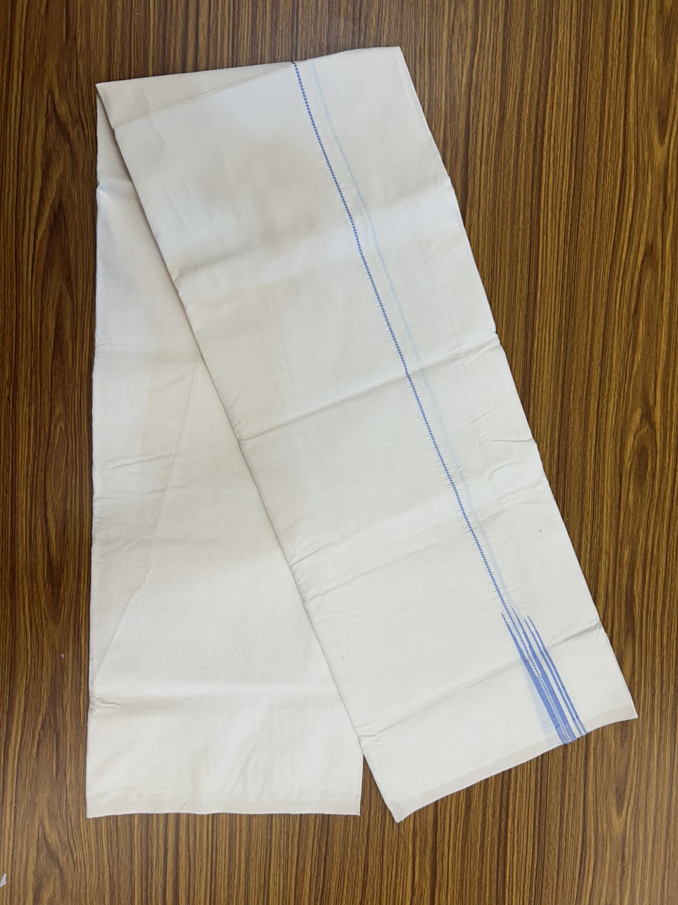 20% Discount ! KaithariKada Balaramapuram 100% Cotton Single Off White (Unbleached) Mundu/Dhoti- Twisted 100s Thread- 1 cm Puliyilakkara Silver Kasav & Light Blue Double Chutty Kara  (2 meter / 4 muzham)- 3 KK5324 ASH - Border Stitched