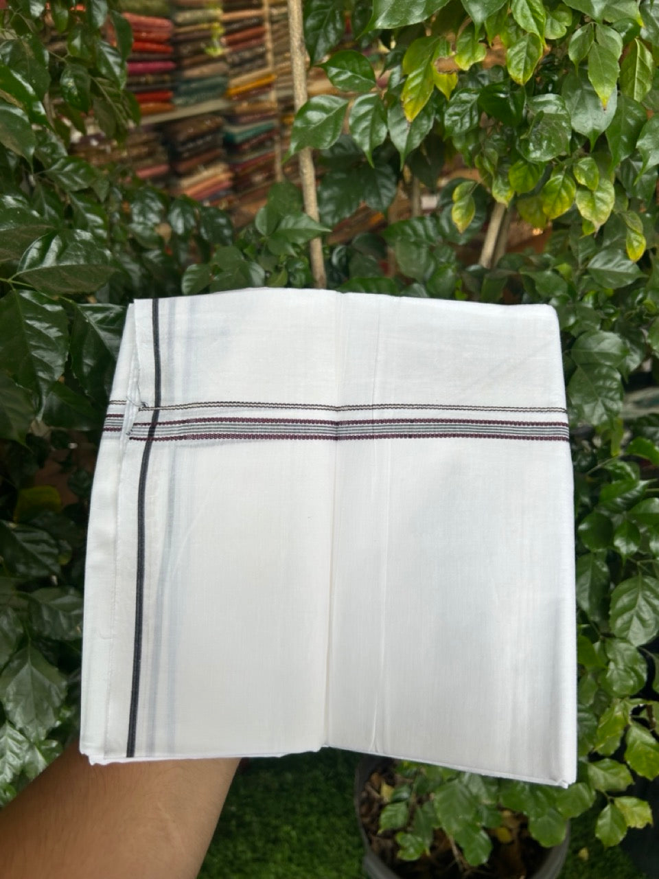 20% Discount ! Kaitharikada Balaramapuram 100% Cotton Pure White Double Mundu/Dothi - 100x80 - 0.25 inch Silver Kasav Black & Purple Striped Design Kara 3.90 mtr (8 muzham) - 73 KK5285 VAS