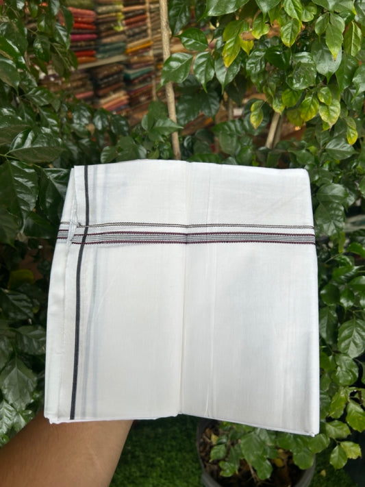 20% Discount ! Kaitharikada Balaramapuram 100% Cotton Pure White Double Mundu/Dothi - 100x80 - 0.25 inch Silver Kasav Black & Purple Striped Design Kara 3.90 mtr (8 muzham) - 73 KK5285 VAS