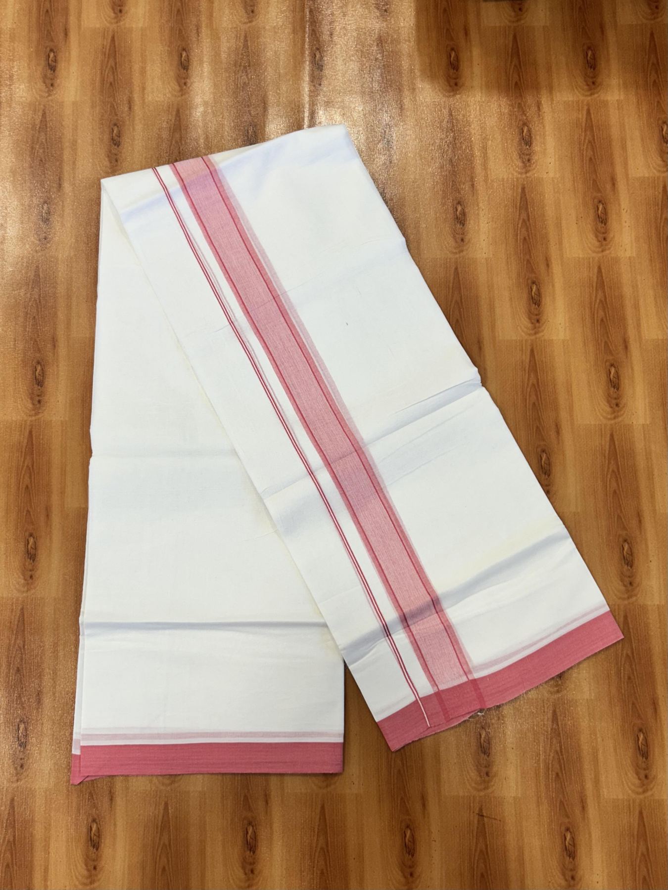 Double Pure White Mundu/Dhoti - 20% Discount !! KaithariKada Balaramapuram 100% Cotton - 60s - 1.5 Inch Rose Pink Shaded Striped Kara - 3.85 mtr ( 8 muzham) - 6 KK5425 PMC
