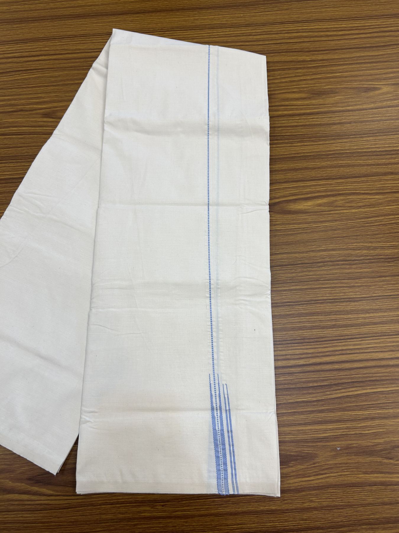 20% Discount ! KaithariKada Balaramapuram 100% Cotton Single Off White (Unbleached) Mundu/Dhoti- Twisted 100s Thread- 1 cm Puliyilakkara Silver Kasav & Light Blue Double Chutty Kara  (2 meter / 4 muzham)- 3 KK5324 ASH - Border Stitched