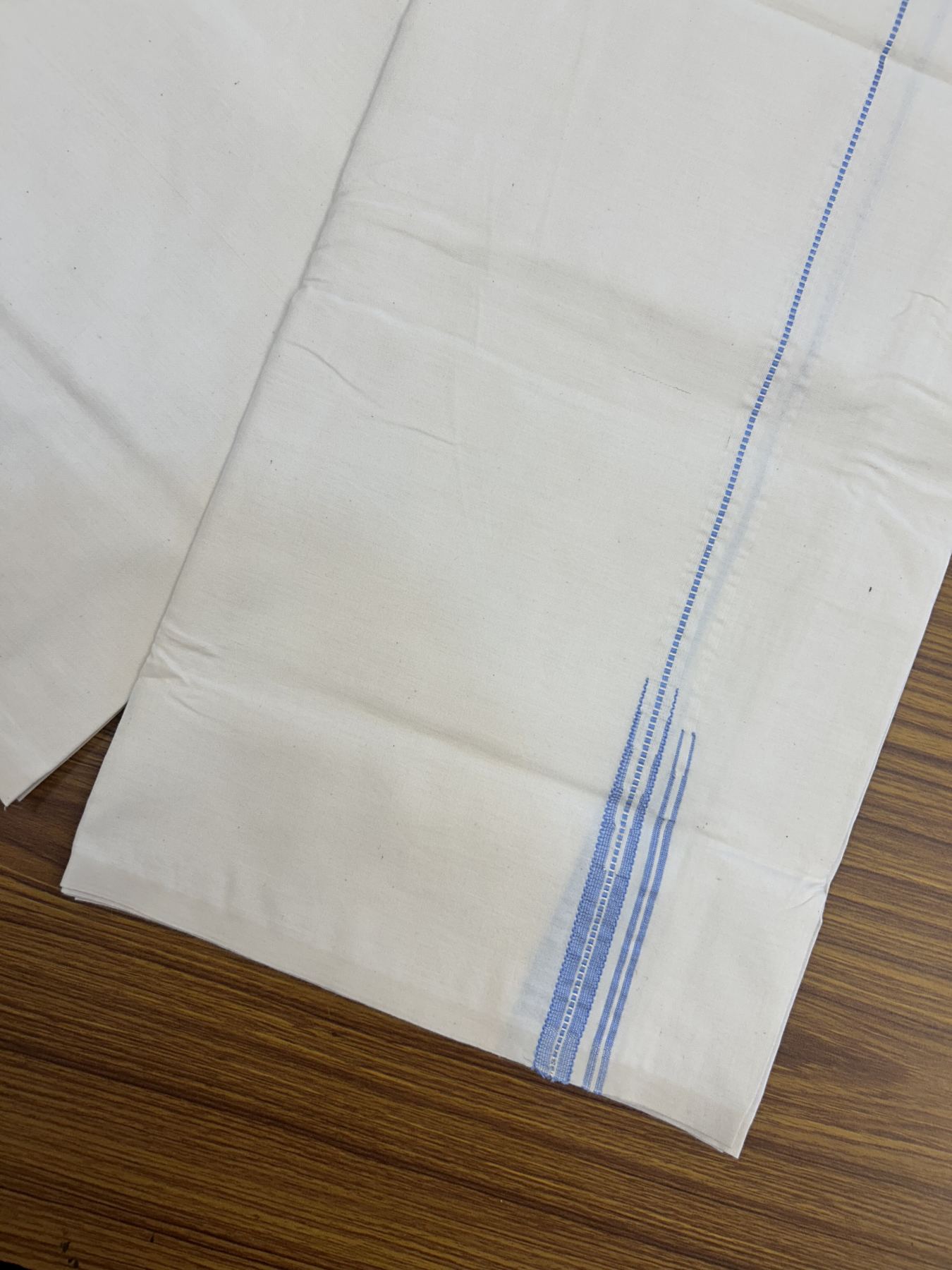 20% Discount ! KaithariKada Balaramapuram 100% Cotton Single Off White (Unbleached) Mundu/Dhoti- Twisted 100s Thread- 1 cm Puliyilakkara Silver Kasav & Light Blue Double Chutty Kara  (2 meter / 4 muzham)- 3 KK5324 ASH - Border Stitched