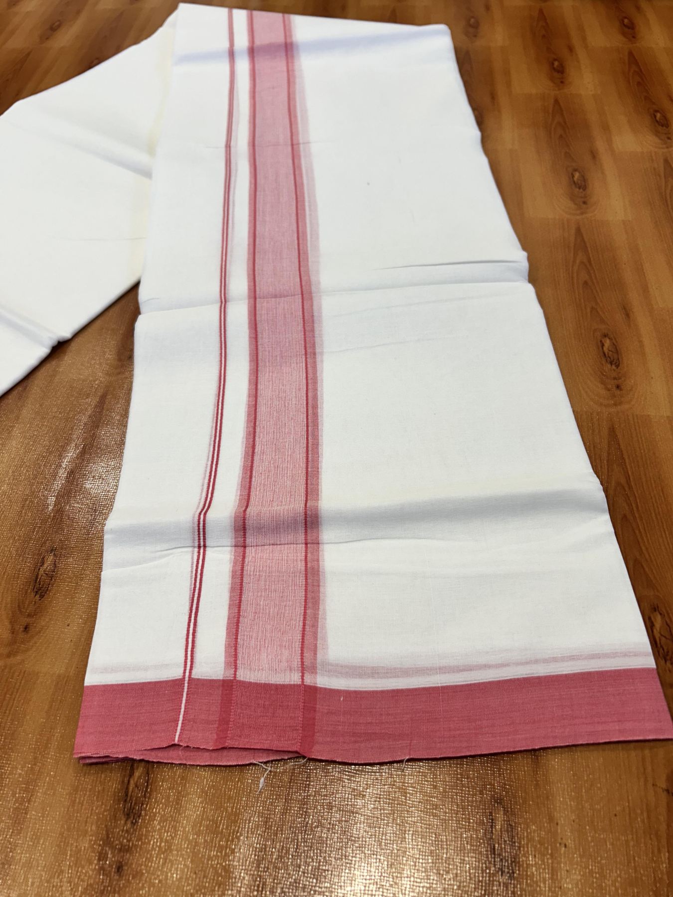 Double Pure White Mundu/Dhoti - 20% Discount !! KaithariKada Balaramapuram 100% Cotton - 60s - 1.5 Inch Rose Pink Shaded Striped Kara - 3.85 mtr ( 8 muzham) - 6 KK5425 PMC