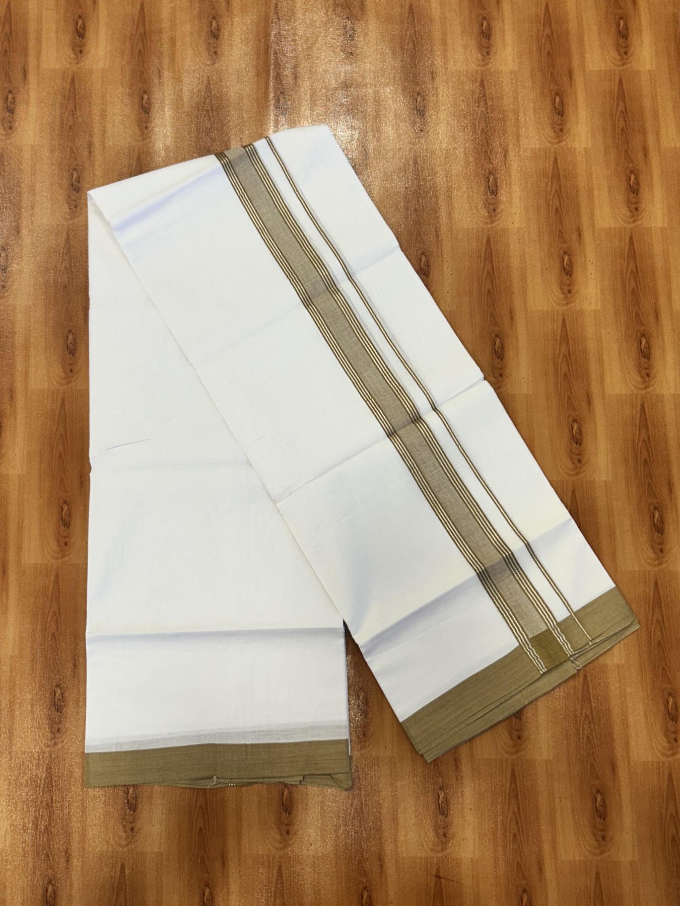 Double Pure White Mundu/Dhoti - 20% Discount !! KaithariKada Balaramapuram 100% Cotton - 60s - 1.5 Inch Peanut Brown Shaded Silver Kasav Striped Kara - 3.85 mtr ( 8 muzham) - 7 KK5425 PMC