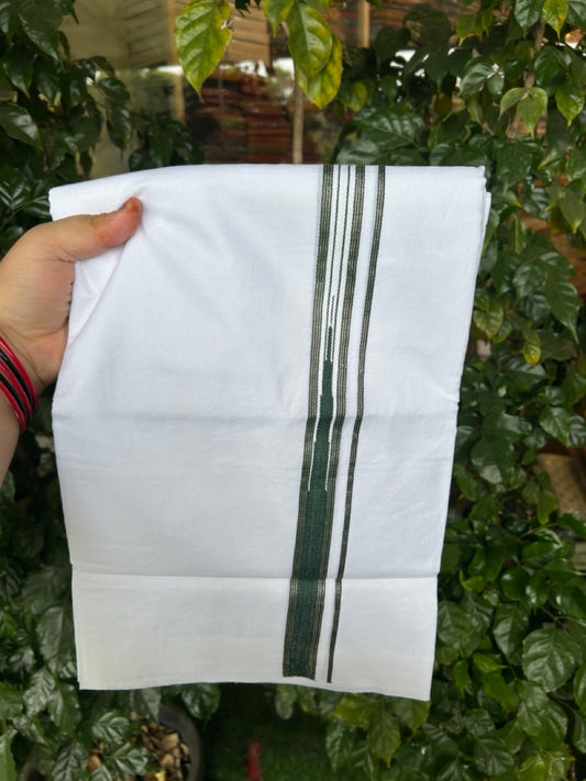 20% Discount ! Kaitharikada Balaramapuram 100% Cotton Pure White Double Mundu/Dothi - 100x80 - 1 inch Puliyilakkara Silver Kasav & Green One Side Chutty Kara  3.90 mtr (8 muzham) - 79 KK5285 VAS