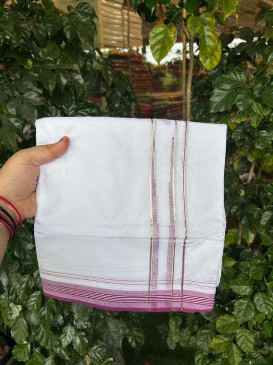 20% Discount ! Kaitharikada Balaramapuram 100% Cotton Pure White Double Mundu/Dothi - 100x80 - 1.25 inch Puliyilakkara Silver Kasav & Light Magenta Striped Chutty Kara  3.90 mtr (8 muzham) - 87 KK5285  VAS