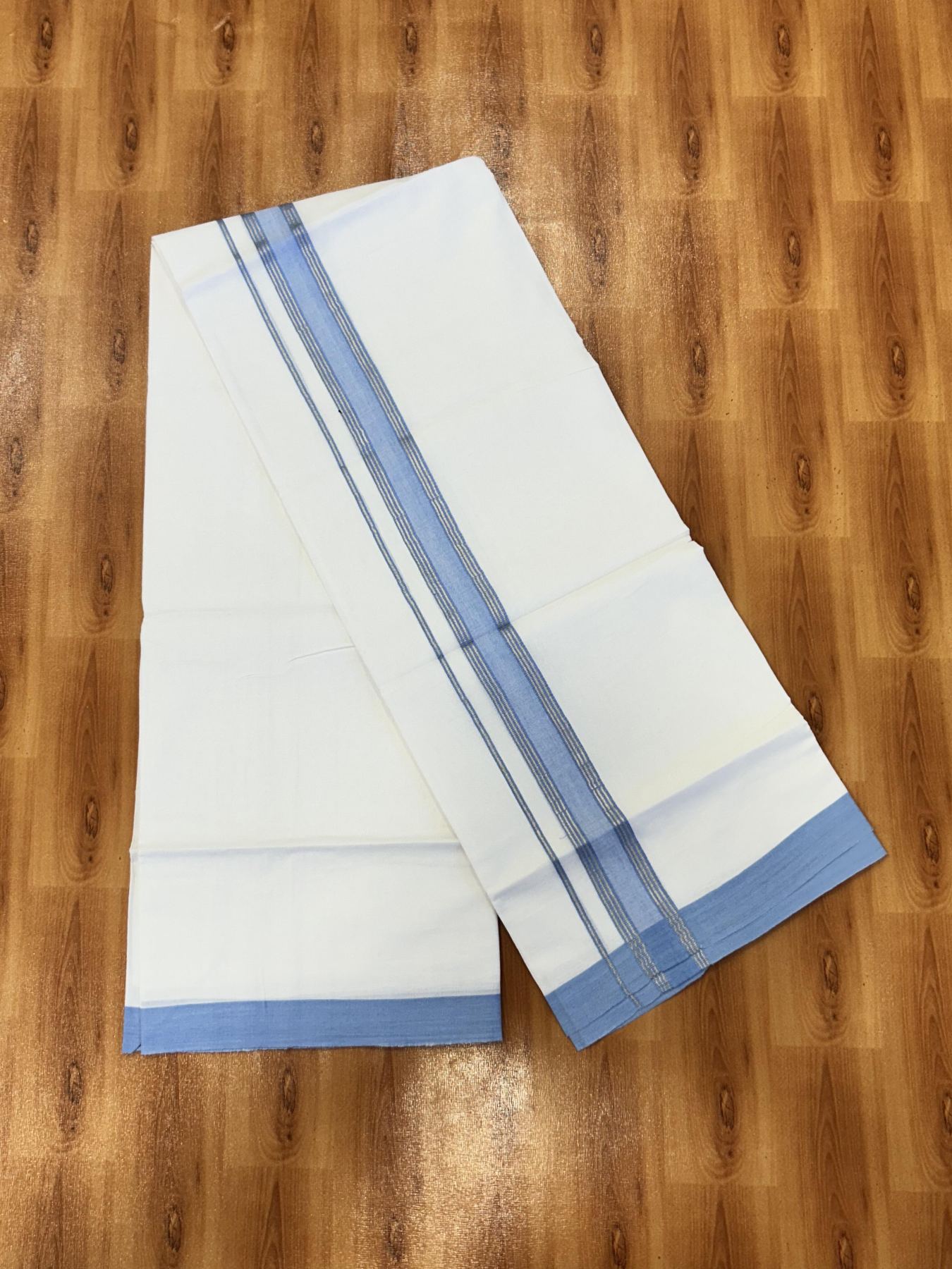 Double Pure White Mundu/Dhoti - 20% Discount !! KaithariKada Balaramapuram 100% Cotton - 60s - 1.5 Inch Light Blue Shaded Silver Kasav Striped Kara - 3.85 mtr ( 8 muzham) - 8 KK5425 PMC