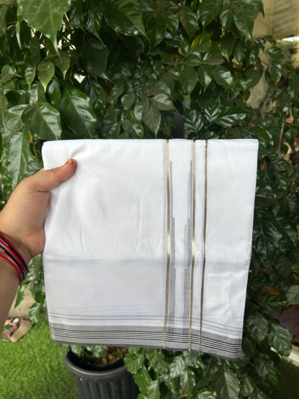 20% Discount ! Kaitharikada Balaramapuram 100% Cotton Pure White Double Mundu/Dothi - 100x80 - 1.25 inch Puliyilakkara Silver Kasav & Sage Green Chutty Kara  3.90 mtr (8 muzham) - 86 KK5285 VAS