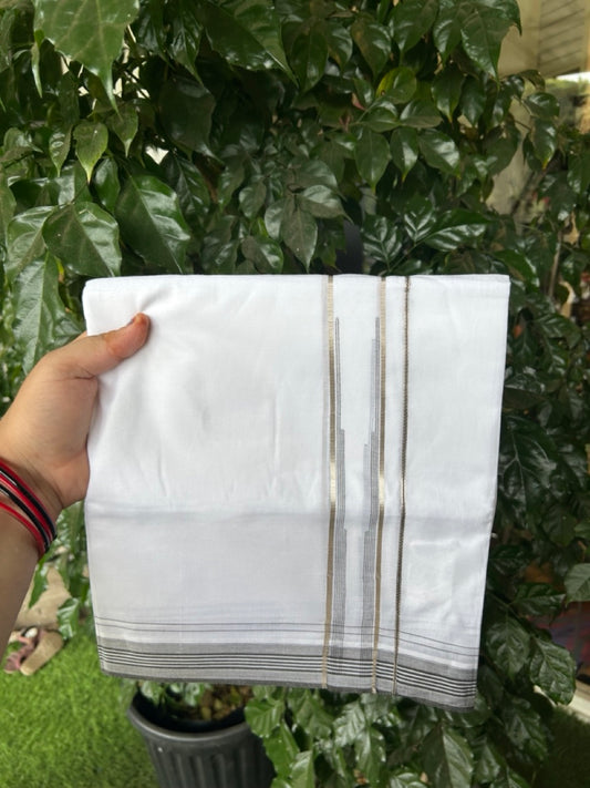 20% Discount ! Kaitharikada Balaramapuram 100% Cotton Pure White Double Mundu/Dothi - 100x80 - 1.25 inch Puliyilakkara Silver Kasav & Sage Green Chutty Kara  3.90 mtr (8 muzham) - 86 KK5285 VAS