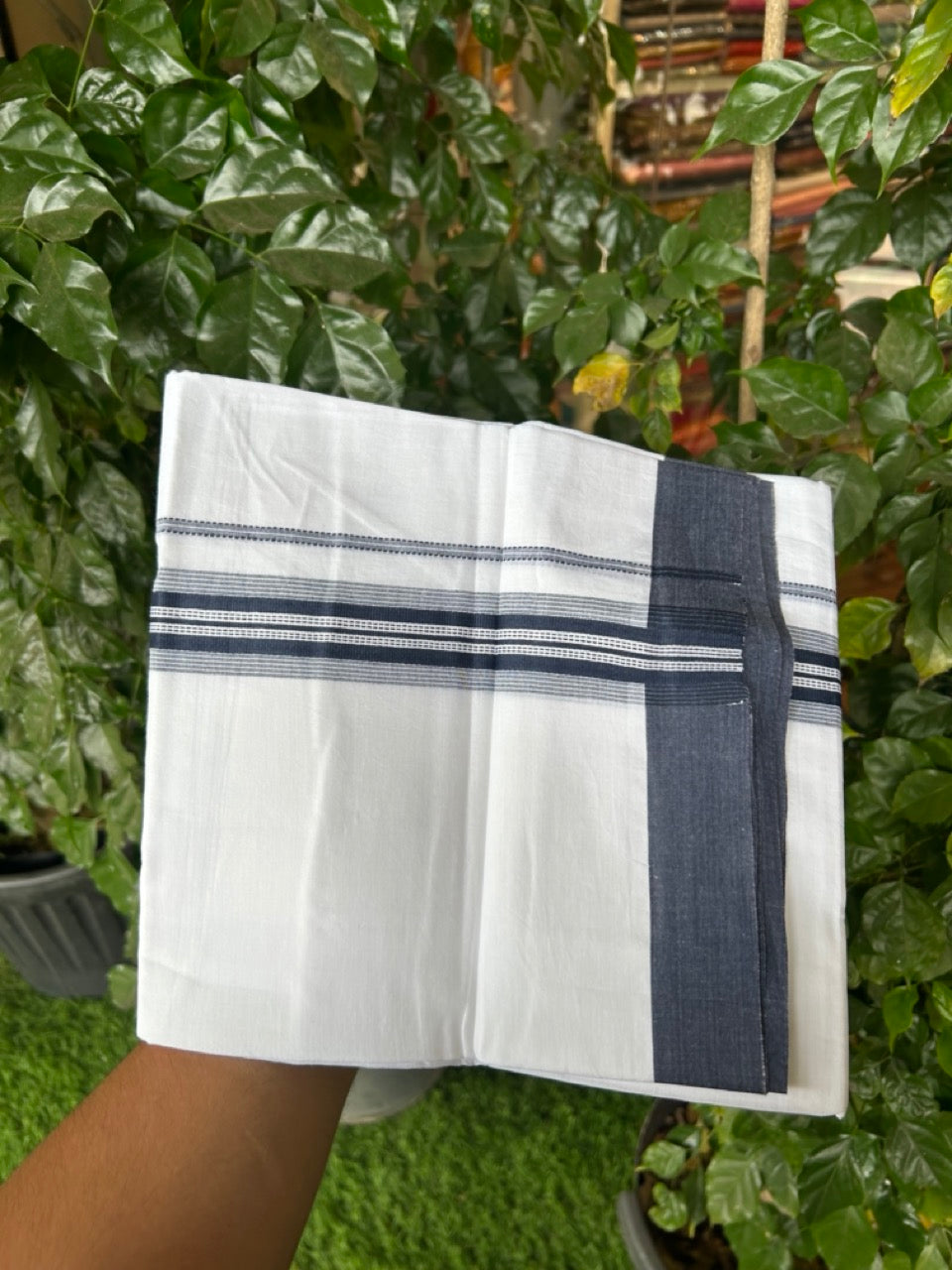 20% Discount ! Kaitharikada Balaramapuram 100% Cotton Pure White Double Mundu/Dothi - 100x80 - 1.5 inch Dark Blue Shaded Striped Kara 3.90 mtr (8 muzham) - 40 KK5285 VAS