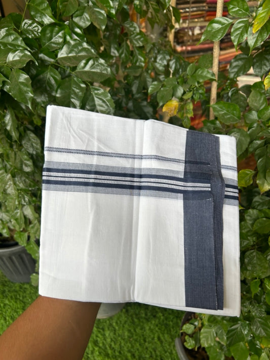 20% Discount ! Kaitharikada Balaramapuram 100% Cotton Pure White Double Mundu/Dothi - 100x80 - 1.5 inch Dark Blue Shaded Striped Kara 3.90 mtr (8 muzham) - 40 KK5285 VAS