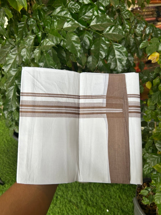 20% Discount ! Kaitharikada Balaramapuram 100% Cotton Pure White Double Mundu/Dothi - 100x80 - 1.5 inch Brown Shaded Striped Kara 3.90 mtr (8 muzham) - 41 KK5285 VAS
