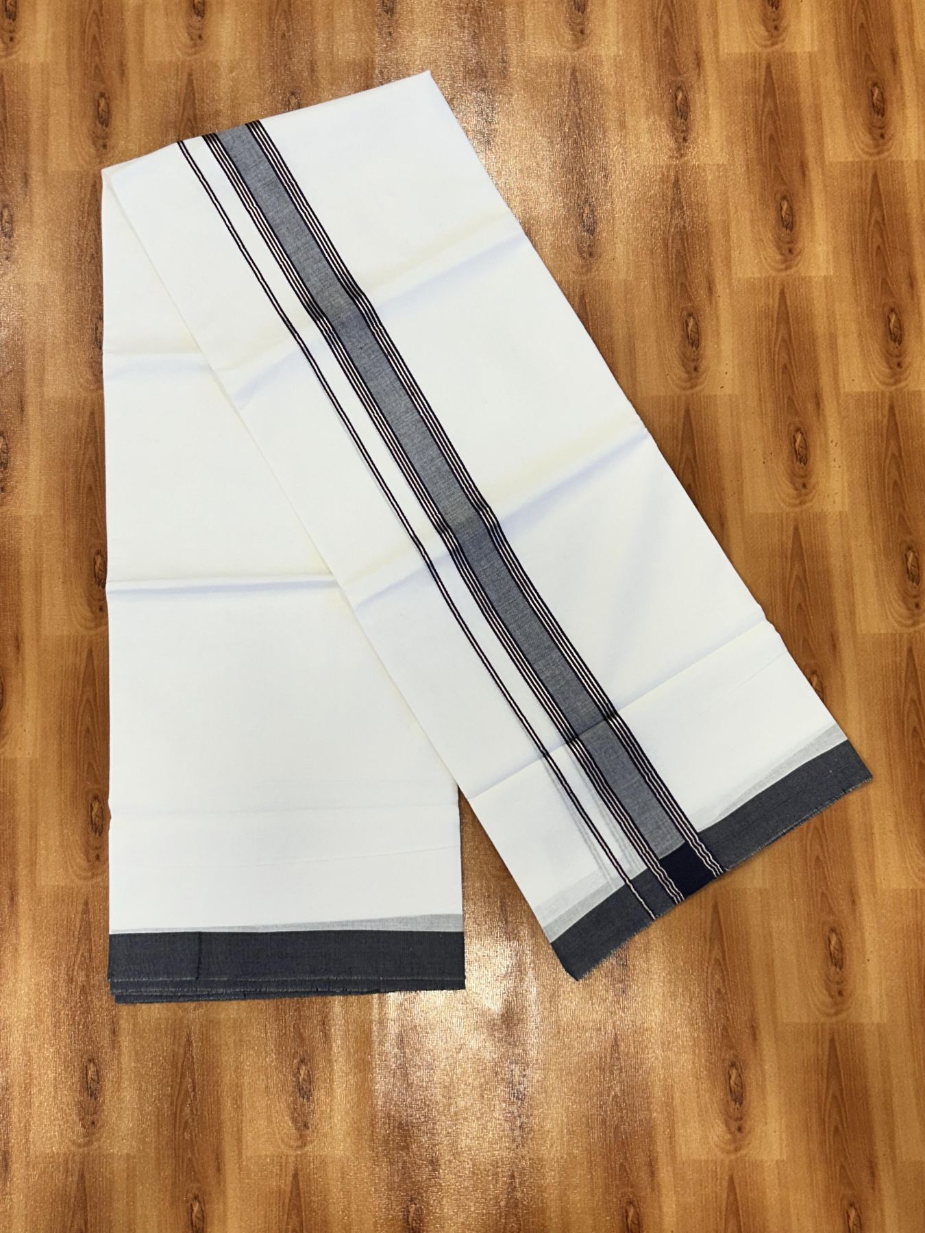 Double Pure White Mundu/Dhoti - 20% Discount !! KaithariKada Balaramapuram 100% Cotton - 60s - 1.5 Inch Navy Blue Shaded Silver Kasav Striped Kara - 3.85 mtr ( 8 muzham) - 9 KK5425 PMC