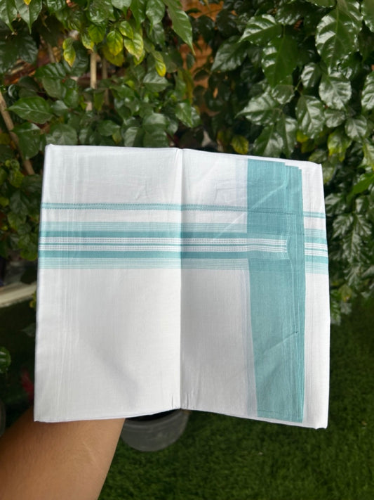 20% Discount ! Kaitharikada Balaramapuram 100% Cotton Pure White Double Mundu/Dothi - 100x80 - 1.5 inch Turquoise Blue Shaded Striped Kara 3.90 mtr (8 muzham) -  107 KK5285 VAS