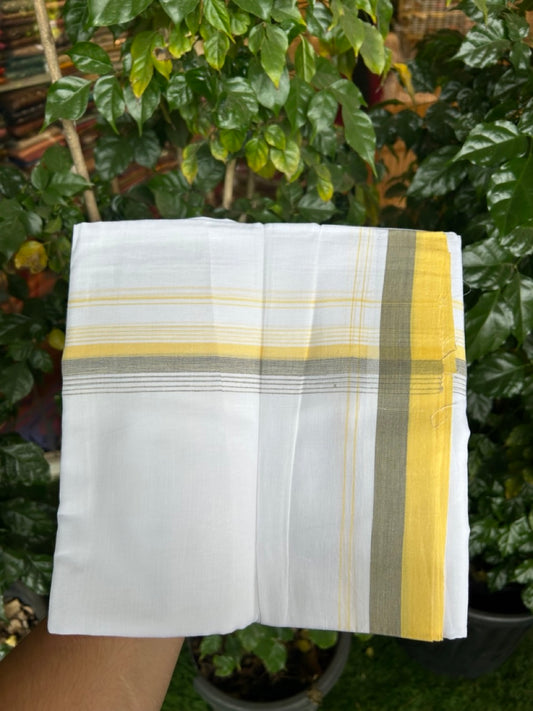 20% Discount ! Kaitharikada Balaramapuram 100% Cotton Pure White Double Mundu/Dothi - 100x80 - 1.5 inch Ash & Yellow Shaded Striped Kara 3.90 mtr (8 muzham) - 39 KK5285 VAS