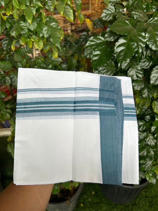 20% Discount ! Kaitharikada Balaramapuram 100% Cotton Pure White Double Mundu/Dothi - 100x80 - 1.5 inch Peacock Blue Shaded Striped Kara 3.90 mtr (8 muzham) - 38 KK5285 VAS