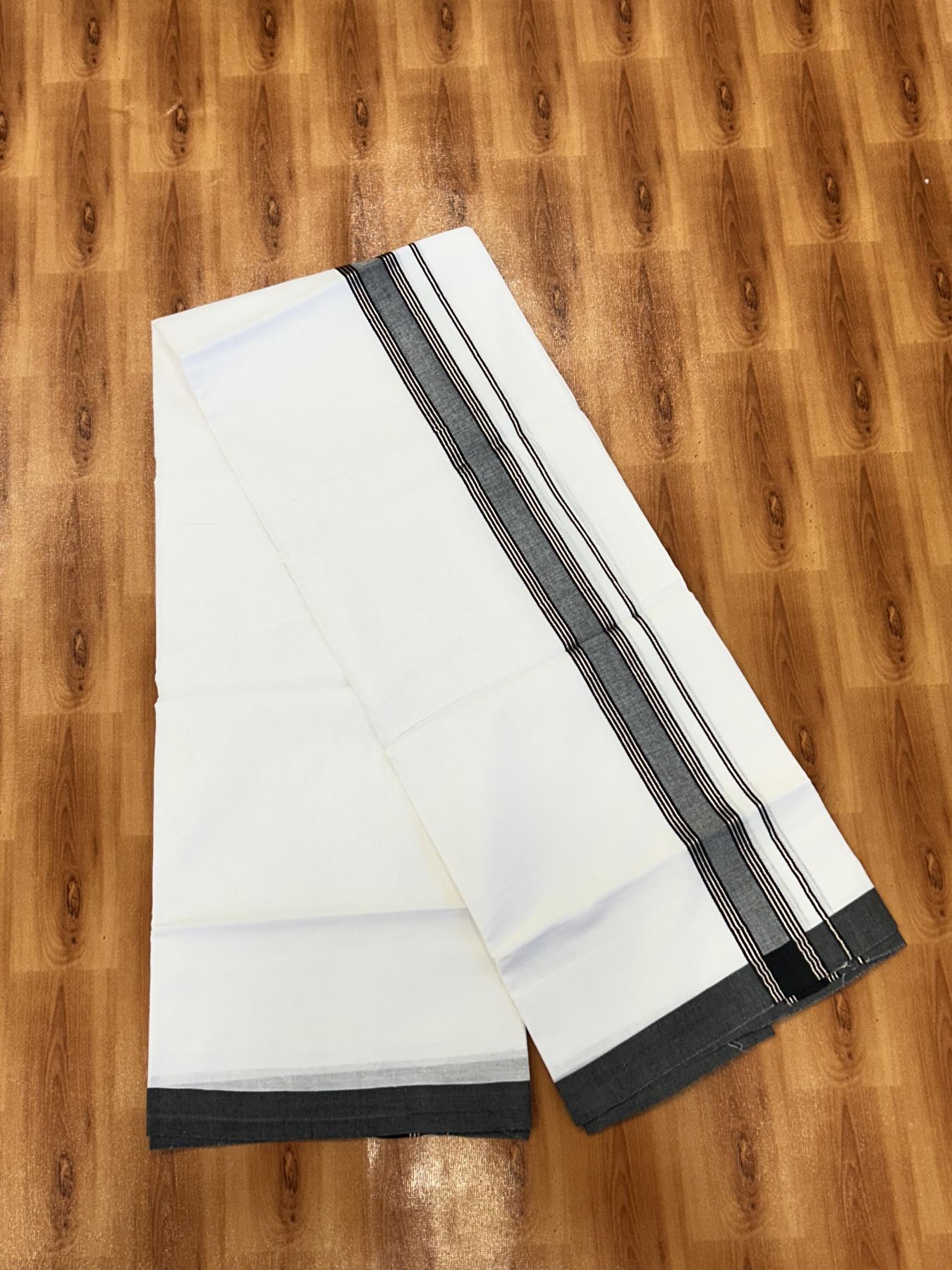 Double Pure White Mundu/Dhoti - 20% Discount !! KaithariKada Balaramapuram 100% Cotton - 60s - 1.5 Inch Black Shaded Silver Kasav Striped Kara - 3.85 mtr ( 8 muzham) - 10 KK5425 PMC
