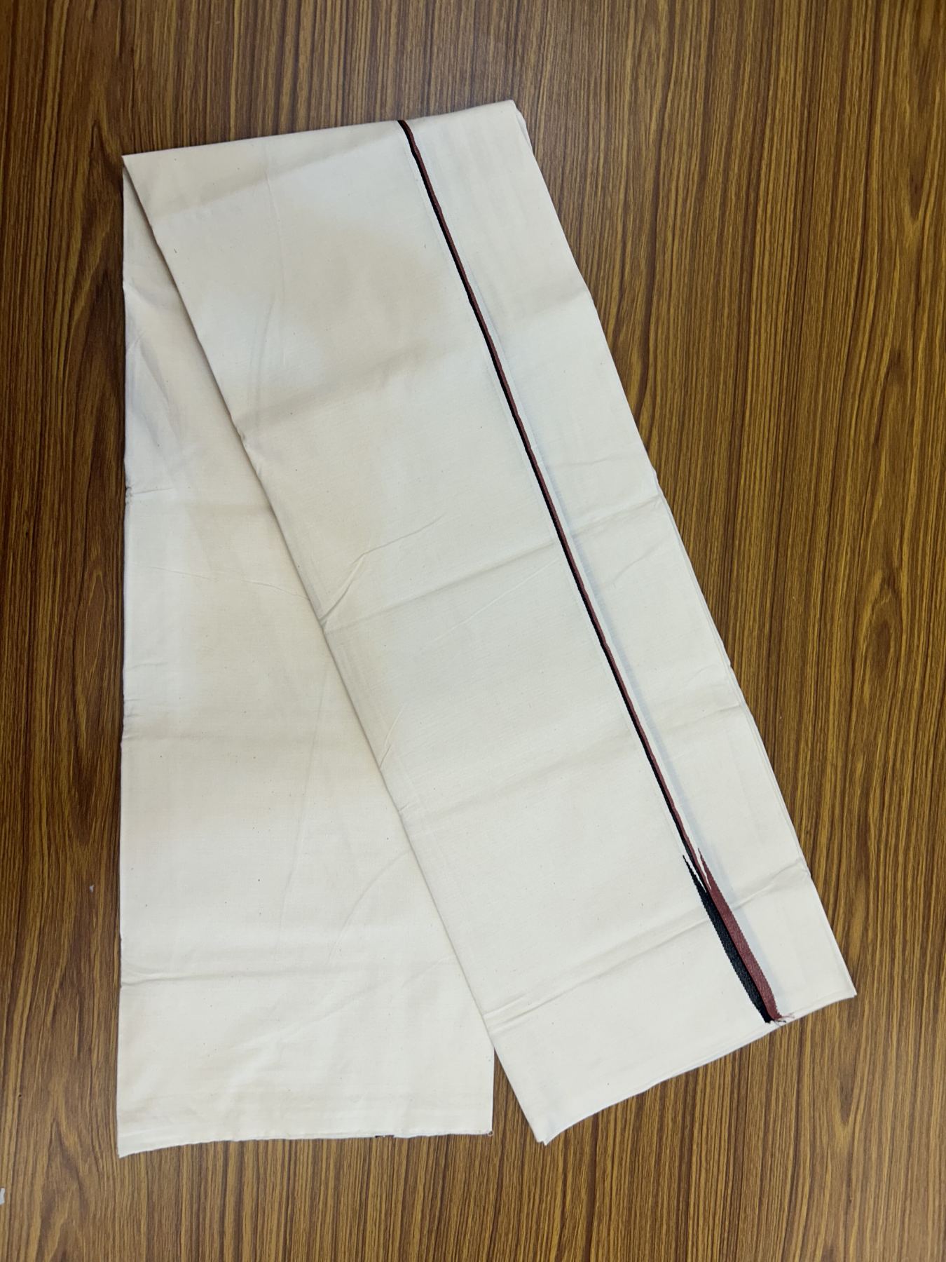 20% Discount ! KaithariKada Balaramapuram 100% Cotton Single Off White (Unbleached) Mundu/Dhoti- Twisted 100s Thread- 0.5 inch Puliyilakkara Black & Light Maroon Chutty Kara  (2 meter / 4 muzham)- 6 KK5324 ASH - Border Stitched
