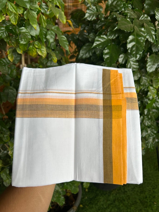 20% Discount ! Kaitharikada Balaramapuram 100% Cotton Pure White Double Mundu/Dothi - 100x80 - 1.5 inch Light Orange & Black Striped Kara 3.90 mtr (8 muzham) - 37 KK5285 VAS
