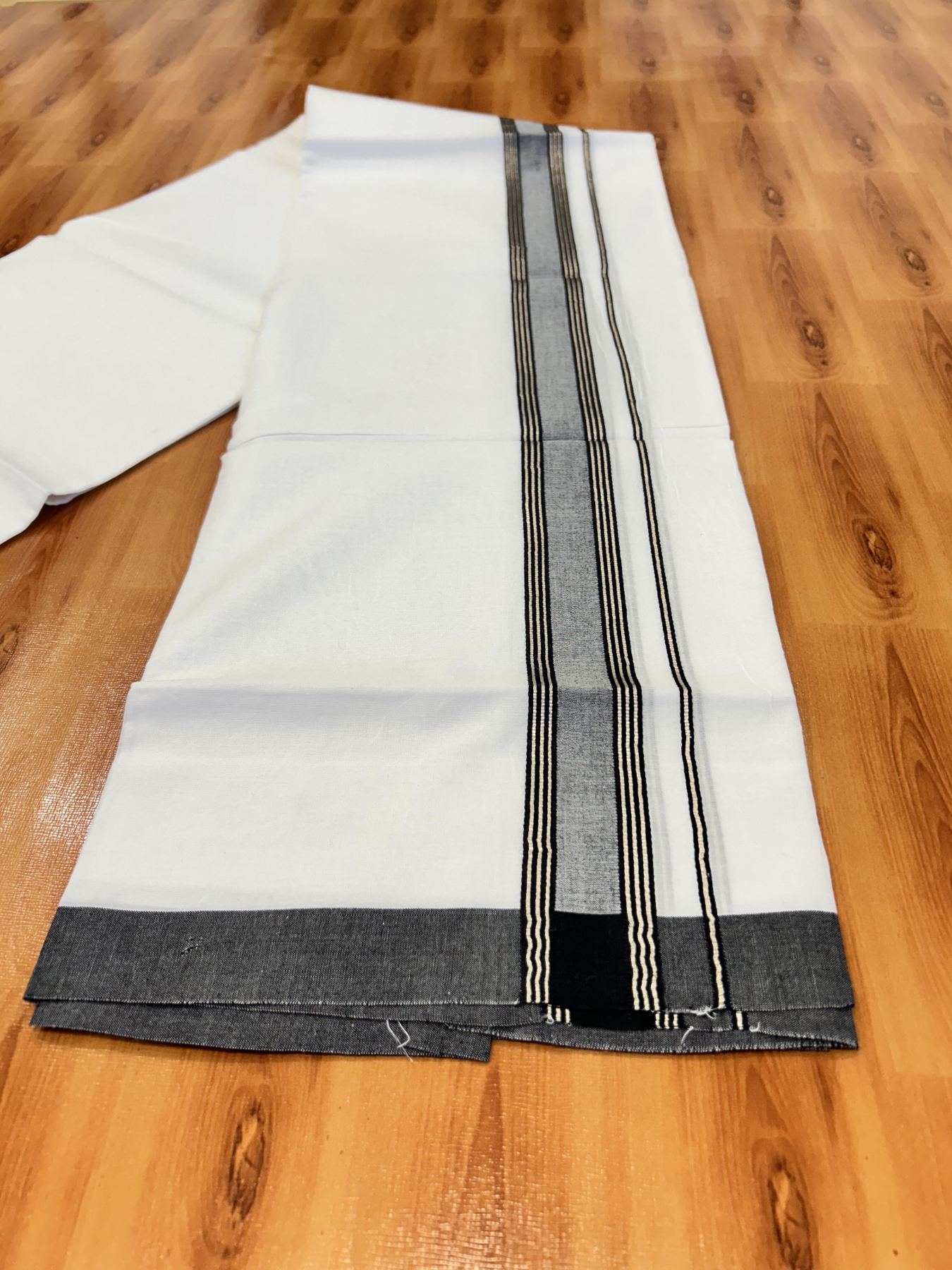 Double Pure White Mundu/Dhoti - 20% Discount !! KaithariKada Balaramapuram 100% Cotton - 60s - 1.5 Inch Black Shaded Silver Kasav Striped Kara - 3.85 mtr ( 8 muzham) - 10 KK5425 PMC