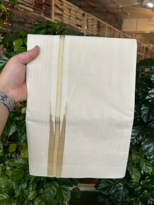 32% Discount! KaithariKada 100% Cotton Double Off white - (Unbleached) Mundu/Dhoti-100x80 - 2 inch  Puliyilakkara Big Kasav Chutty  - 27 KK5259 CKS