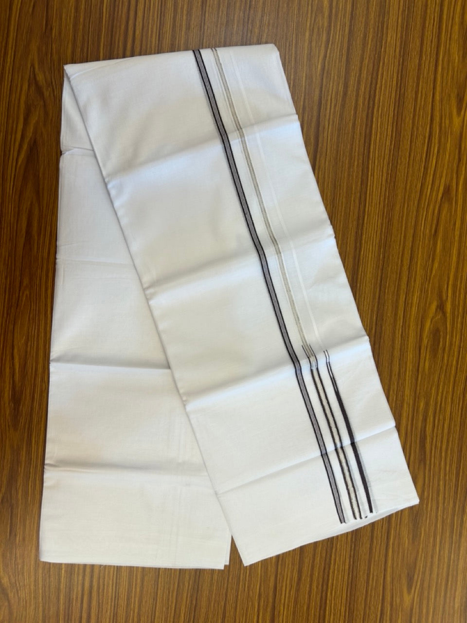 20% Discount ! Kaitharikada Balaramapuram 100% Cotton Pure White Double Mundu/Dothi - 100x80 - 0.25 inch Puliyilakkara Silver Kasav & Brown One Side Double Chutty Kara  3.90 mtr (8 muzham) - 76 KK5285 VAS