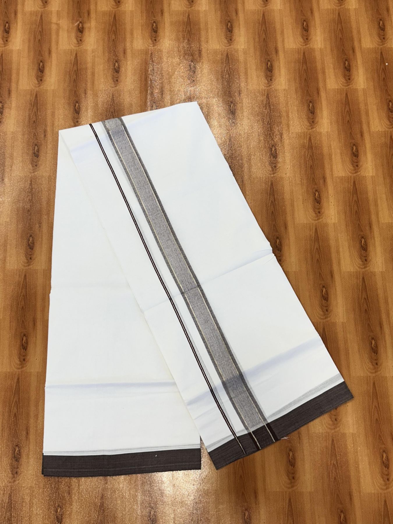 Double Pure White Mundu/Dhoti - 20% Discount !! KaithariKada Balaramapuram 100% Cotton - 60s - 1.5 Inch Brown Shaded Silver Kasav Striped Kara - 3.85 mtr ( 8 muzham) - 11 KK5425 PMC