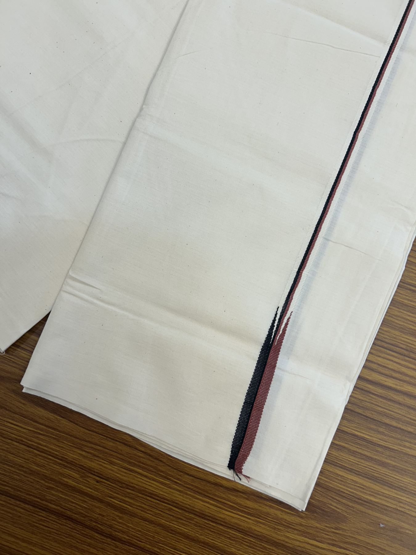 20% Discount ! KaithariKada Balaramapuram 100% Cotton Single Off White (Unbleached) Mundu/Dhoti- Twisted 100s Thread- 0.5 inch Puliyilakkara Black & Light Maroon Chutty Kara  (2 meter / 4 muzham)- 6 KK5324 ASH - Border Stitched