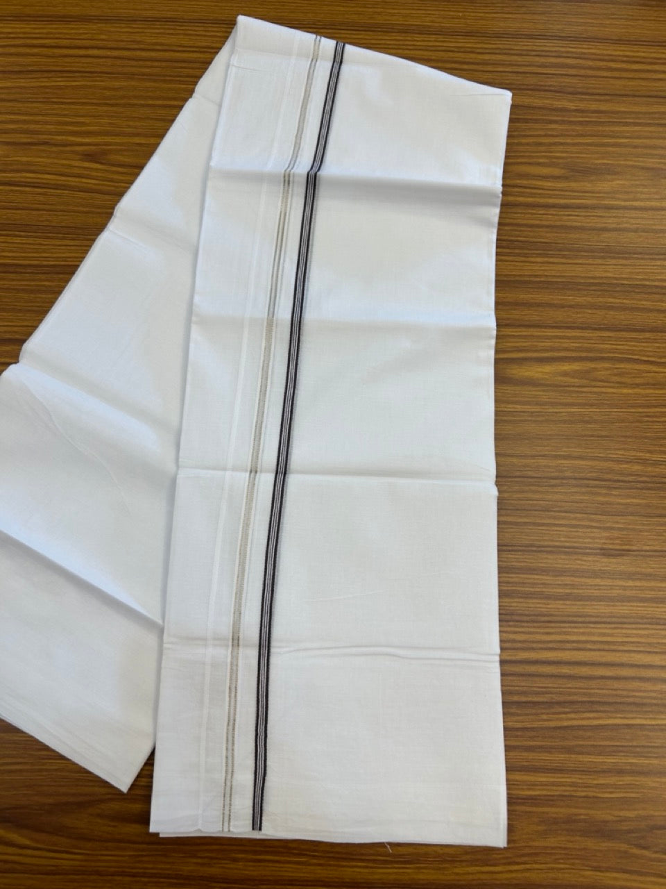 20% Discount ! Kaitharikada Balaramapuram 100% Cotton Pure White Double Mundu/Dothi - 100x80 - 0.25 inch Puliyilakkara Silver Kasav & Brown One Side Double Chutty Kara  3.90 mtr (8 muzham) - 76 KK5285 VAS