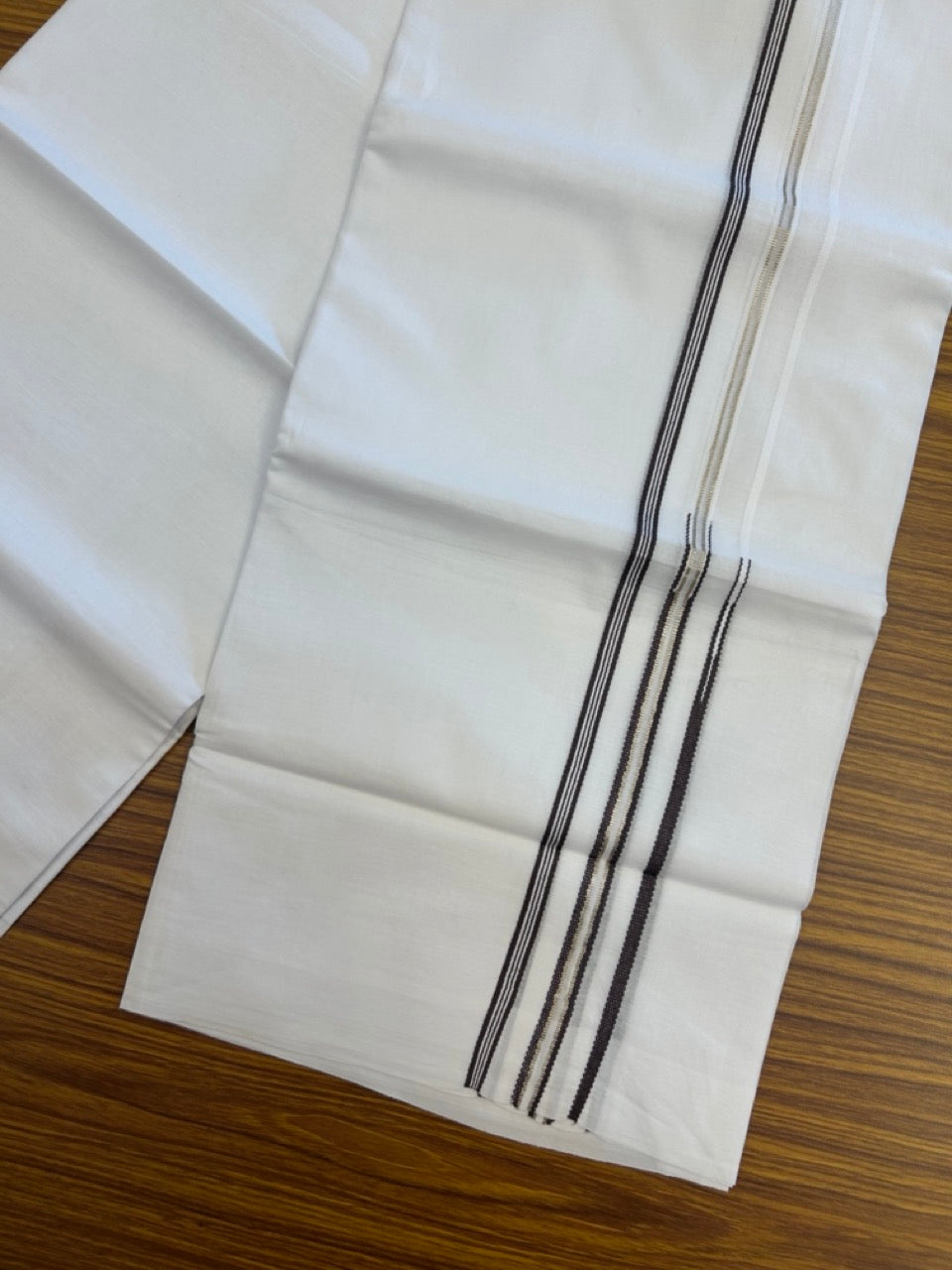 20% Discount ! Kaitharikada Balaramapuram 100% Cotton Pure White Double Mundu/Dothi - 100x80 - 0.25 inch Puliyilakkara Silver Kasav & Brown One Side Double Chutty Kara  3.90 mtr (8 muzham) - 76 KK5285 VAS