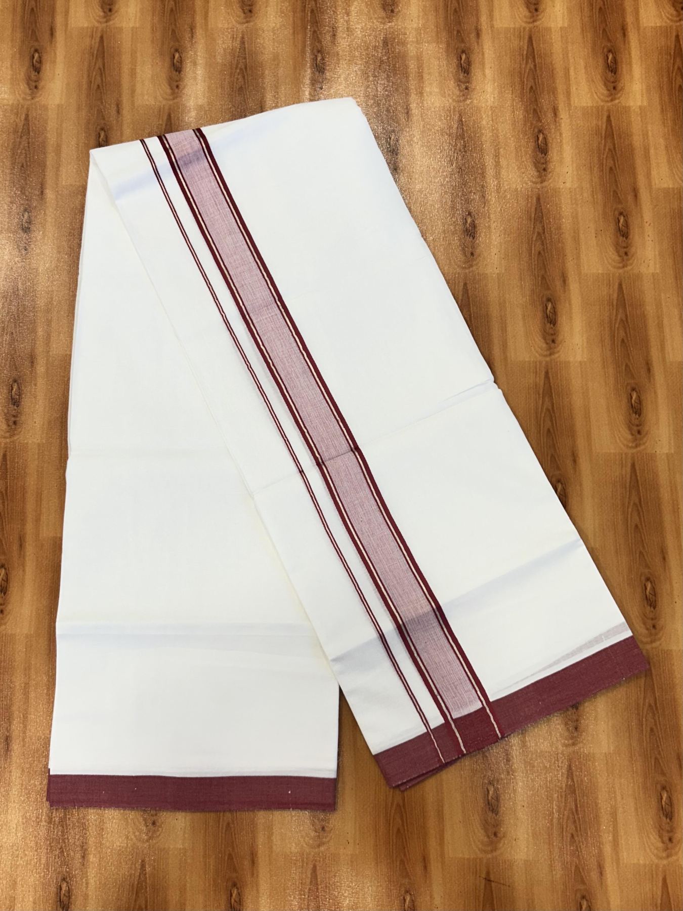 Double Pure White Mundu/Dhoti - 20% Discount !! KaithariKada Balaramapuram 100% Cotton - 60s - 1.5 Inch Maroon Red Shaded Silver Kasav Striped Kara - 3.85 mtr ( 8 muzham) - 12 KK5425 PMC