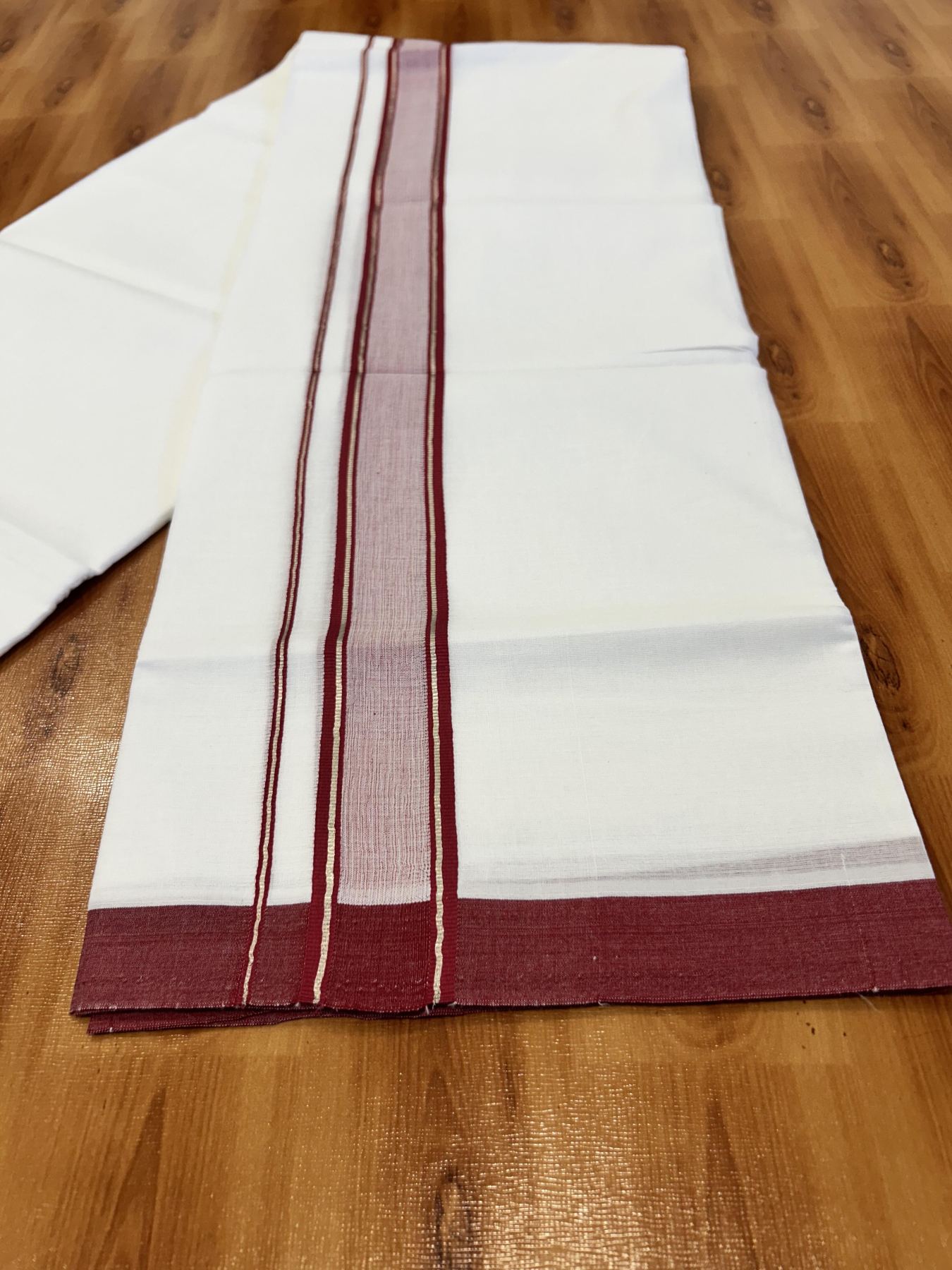 Double Pure White Mundu/Dhoti - 20% Discount !! KaithariKada Balaramapuram 100% Cotton - 60s - 1.5 Inch Maroon Red Shaded Silver Kasav Striped Kara - 3.85 mtr ( 8 muzham) - 12 KK5425 PMC