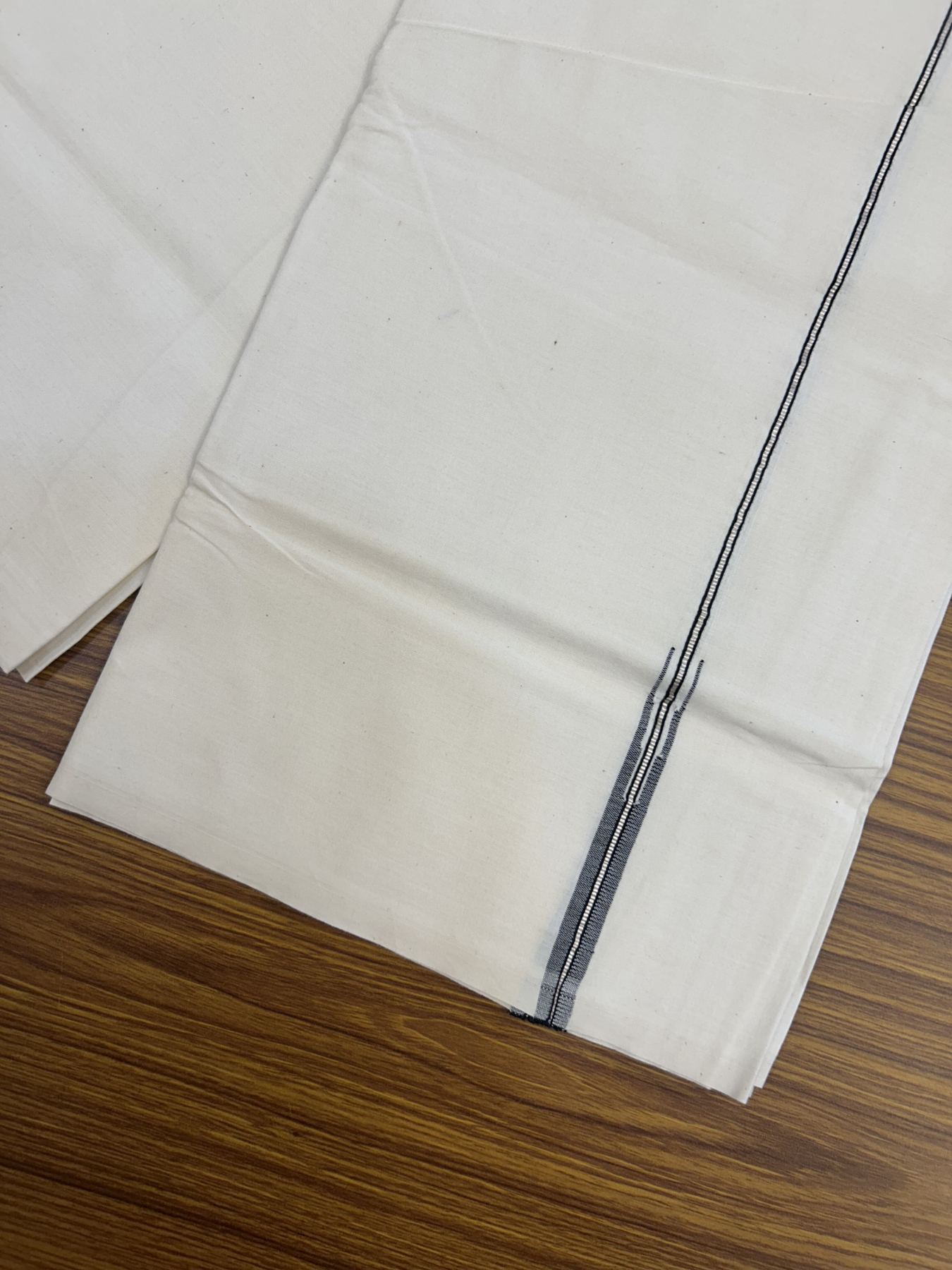 20% Discount ! KaithariKada Balaramapuram 100% Cotton Single Off White (Unbleached) Mundu/Dhoti- Twisted 100s Thread- 1 cm Puliyilakkara Silver Kasav & Black Chutty Kara  (2 meter / 4 muzham)- 7 KK5324 ASH - Border Stitched