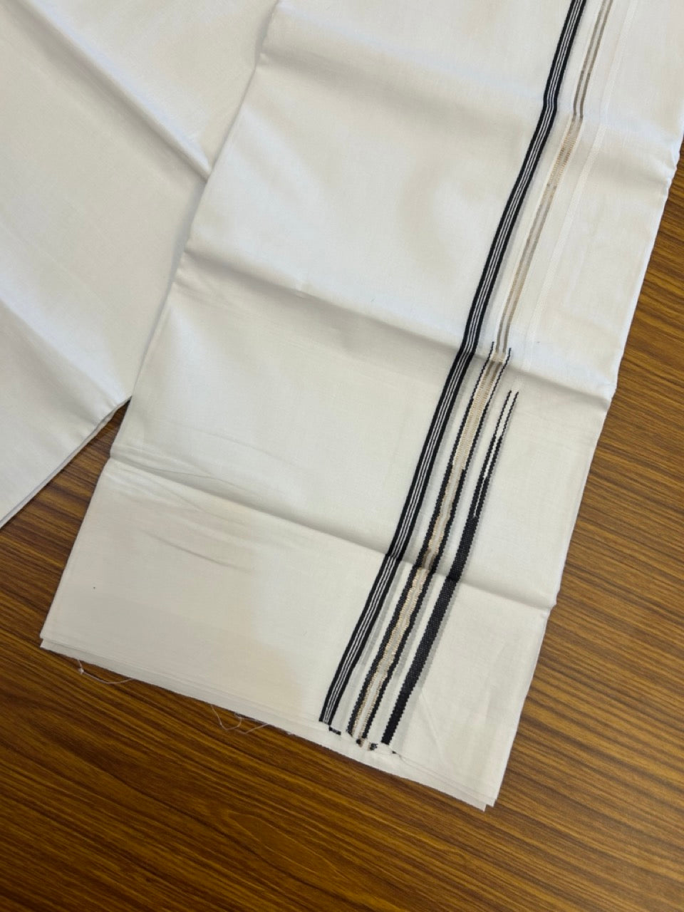 20% Discount ! Kaitharikada Balaramapuram 100% Cotton Pure White Double Mundu/Dothi - 100x80 - 0.25 inch Puliyilakkara Silver Kasav & Black One Side Double Chutty Kara  3.90 mtr (8 muzham) - 77 KK5285 VAS