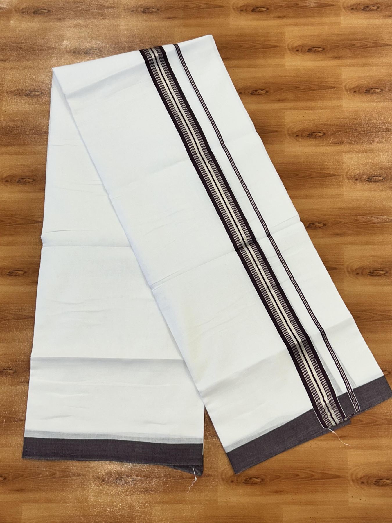 Double Pure White Mundu/Dhoti - 20% Discount !! KaithariKada Balaramapuram 100% Cotton - 60s - 1.25 Inch Dark Wine Shaded Silver Kasav Striped Kara - 3.85 mtr ( 8 muzham) - 13 KK5425 PMC