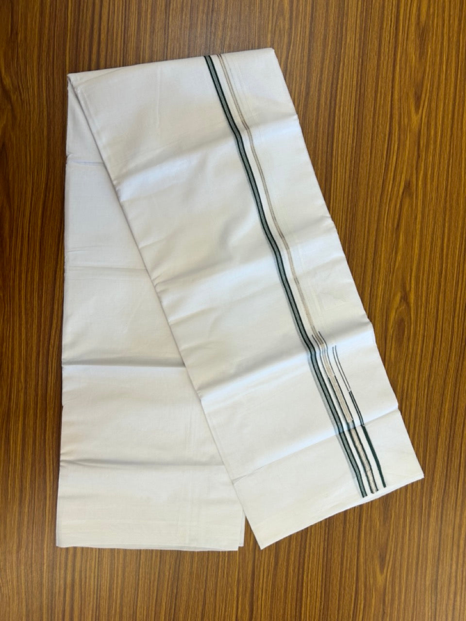 20% Discount ! Kaitharikada Balaramapuram 100% Cotton Pure White Double Mundu/Dothi - 100x80 - 0.25 inch Puliyilakkara Silver Kasav & Green One Side Double Chutty Kara  3.90 mtr (8 muzham) - 78 KK5285 VAS