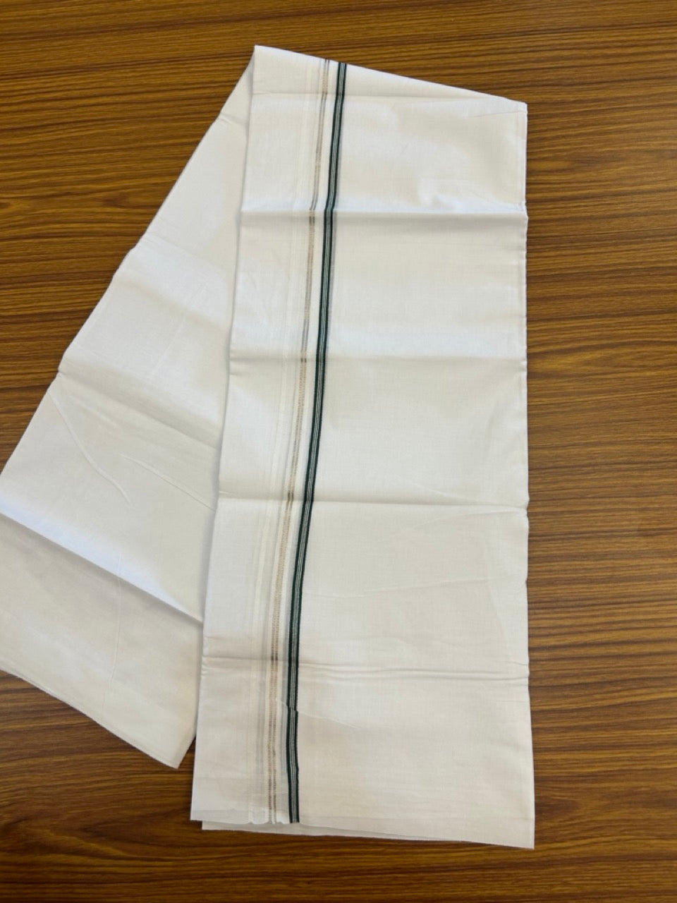 20% Discount ! Kaitharikada Balaramapuram 100% Cotton Pure White Double Mundu/Dothi - 100x80 - 0.25 inch Puliyilakkara Silver Kasav & Green One Side Double Chutty Kara  3.90 mtr (8 muzham) - 78 KK5285 VAS