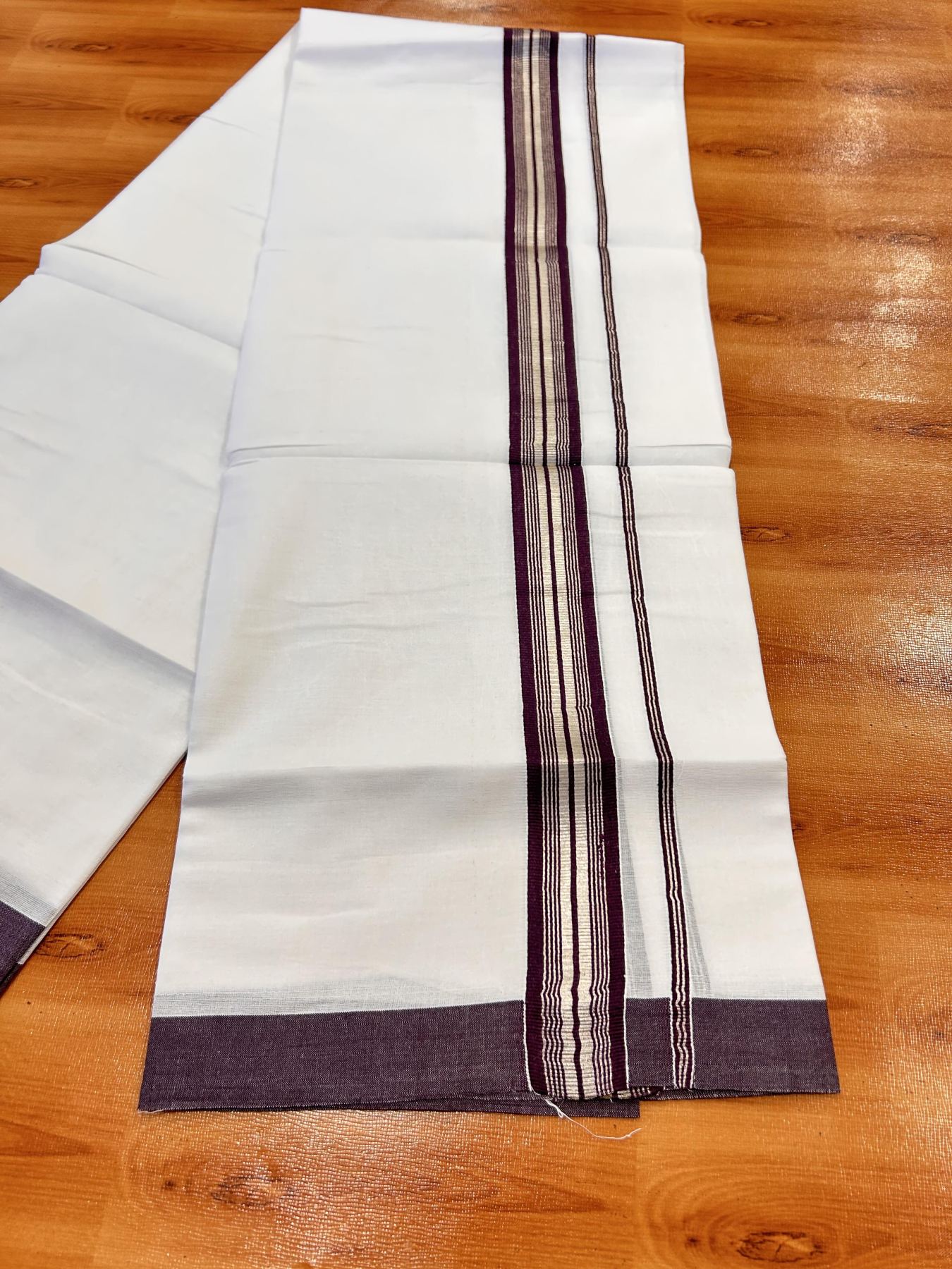 Double Pure White Mundu/Dhoti - 20% Discount !! KaithariKada Balaramapuram 100% Cotton - 60s - 1.25 Inch Dark Wine Shaded Silver Kasav Striped Kara - 3.85 mtr ( 8 muzham) - 13 KK5425 PMC