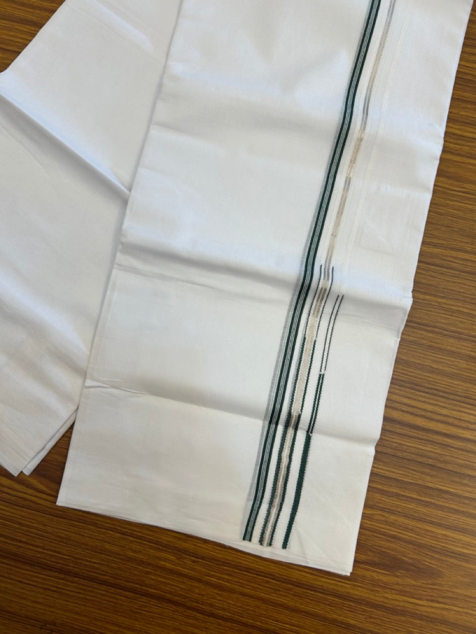 20% Discount ! Kaitharikada Balaramapuram 100% Cotton Pure White Double Mundu/Dothi - 100x80 - 0.25 inch Puliyilakkara Silver Kasav & Green One Side Double Chutty Kara  3.90 mtr (8 muzham) - 78 KK5285 VAS