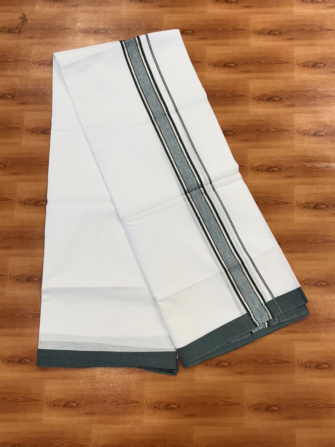 Double Pure White Mundu/Dhoti - 20% Discount !! KaithariKada Balaramapuram 100% Cotton - 60s - 1.5 Inch Dark Green Shaded Silver Kasav Striped Kara - 3.85 mtr ( 8 muzham) - 14 KK5425 PMC